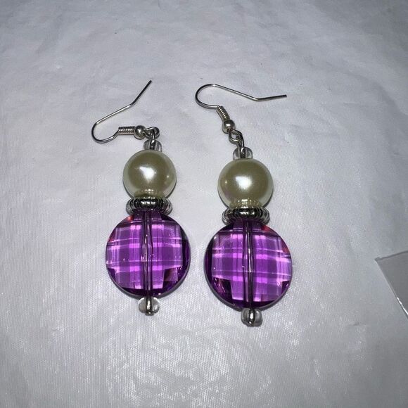 Faux Pearl and Purple Crystal Dangle Earrings - Picture 1 of 5